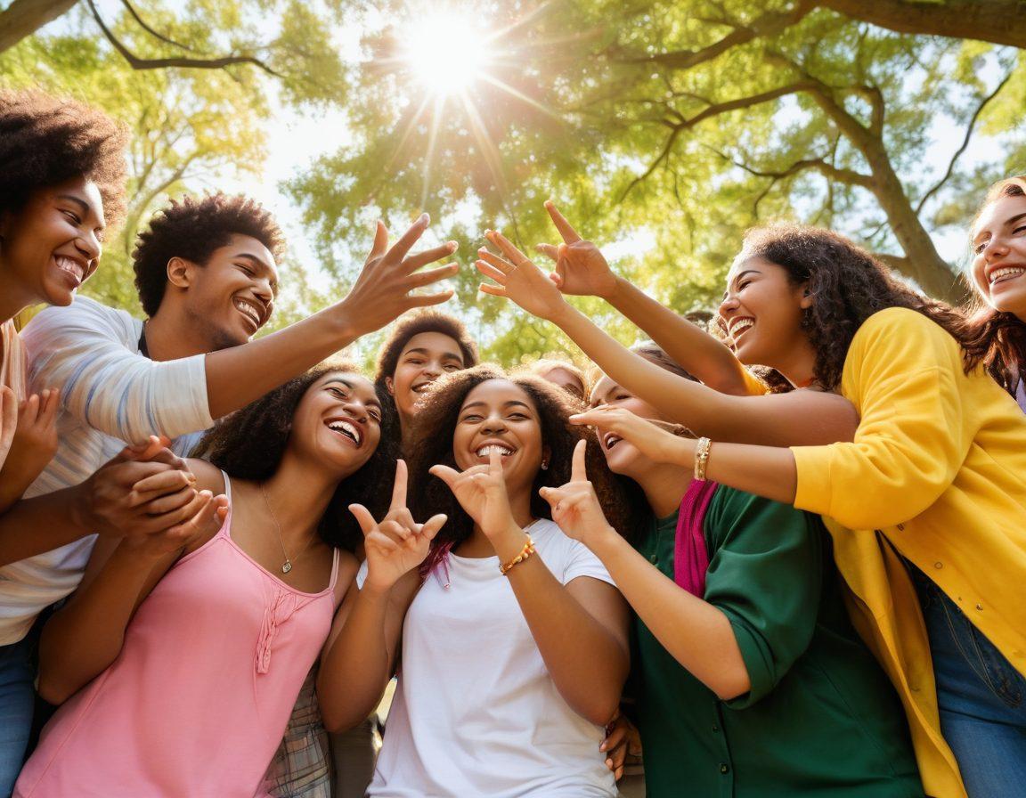 A diverse group of college students sharing heartfelt moments on a campus lawn, with warm sunlight illuminating their joyful expressions. Include elements symbolizing emotional connections, like intertwined hands and open books. Incorporate vibrant colors to emphasize happiness and sex positivity, with a backdrop of lush trees and an inviting atmosphere. super-realistic. vibrant colors. warm tones.