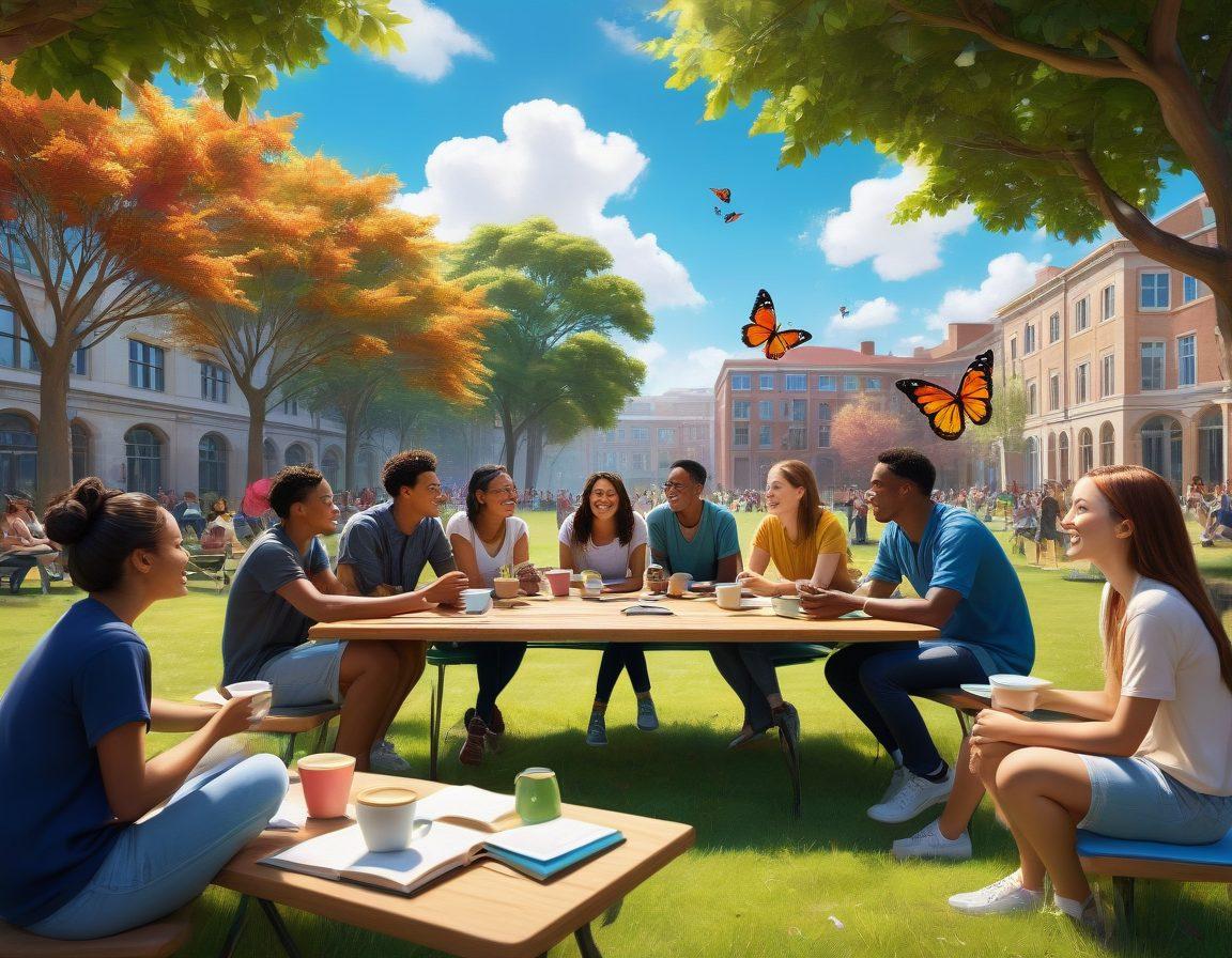 A vibrant university campus scene depicting diverse students engaged in open conversations about relationships, surrounded by colorful discussions and playful interactions. Include elements like books, coffee cups, and a butterfly symbolizing growth and exploration in intimacy, with a bright blue sky overhead. The atmosphere should feel inclusive and empowering. super-realistic. vibrant colors. 3D.