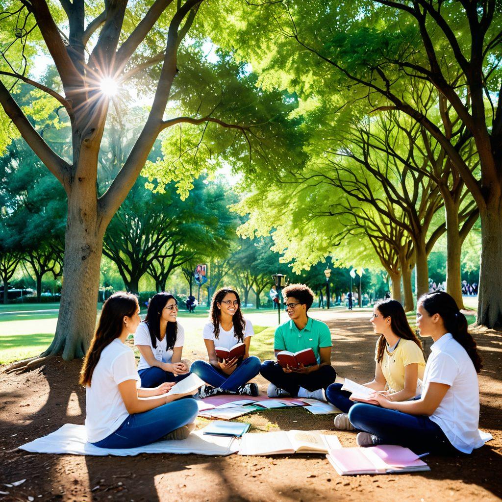 A serene college campus scene featuring diverse groups of students radiating joy and connection, engaging in open discussions about sexual wellness and healthy relationships. There should be elements like books, heart symbols, and playful colors to signify happiness and inclusivity. Capture an atmosphere of positivity and support, with sunlight filtering through trees to symbolize enlightenment. watercolor style. soft pastel colors. vibrant and warm.
